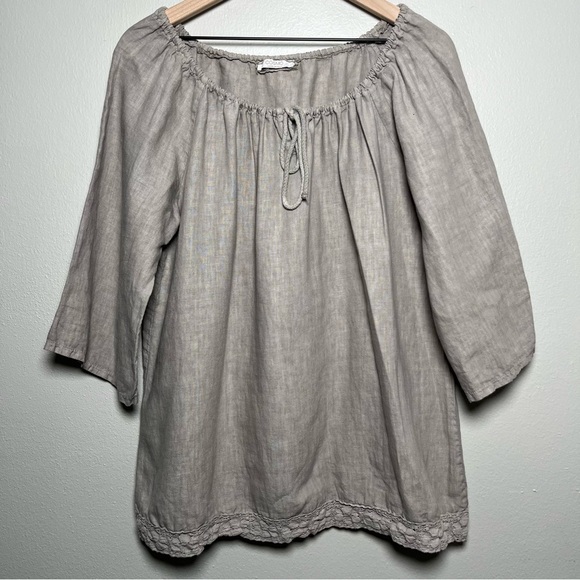 Cosmo Women 100%‎ Linen Top Small Tan Oversized Coastal Lagenlook Tie Neck Scoop - Picture 1 of 10